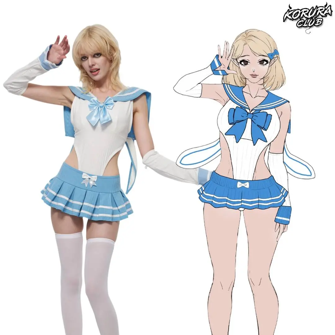 KORURACLUB Women's Cute Sailor Bunny Polyester Cosplay Outfit - Navy Look Multi-Piece Costume Set KO147 with Short Skirt, Elegant Vibe, Accessories