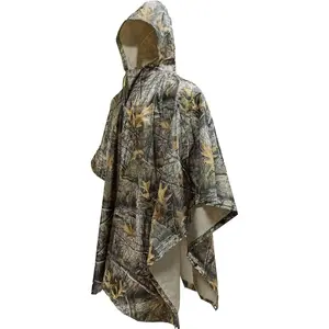 Rain Poncho Waterproof Hooded Rain Coat Multi-Use Camo Shelter Ground Sheet for Hunting Camping Hiking Woodland Camouflage Ghillie Suit Multi-Purpose Ghillie Suit Set