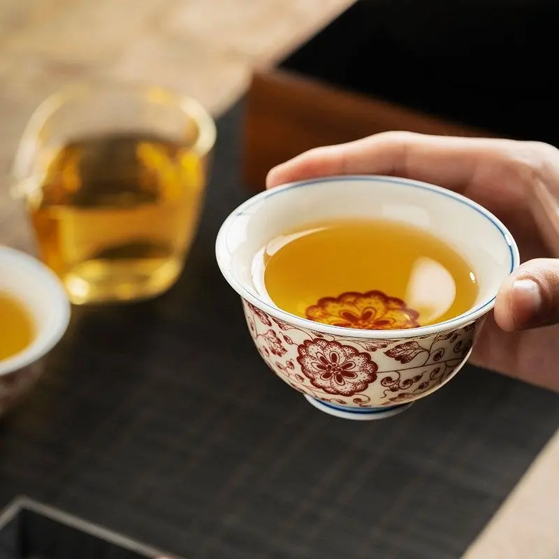 Vintage Yongle Style Underglaze Red Twisted Floral Teacup, Handmade Chinese Porcelain Kung Fu Master Cup