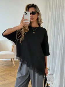 Women's Casual Patchwork Knit Top, Round Neck Short Sleeve Fitted Design, All-Season Fashionable Daily Wear & Commute