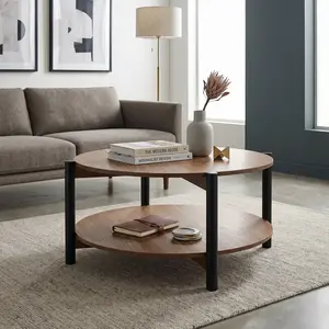 Hyde Round Coffee Table with Open Shelf & Metal Legs By FOA