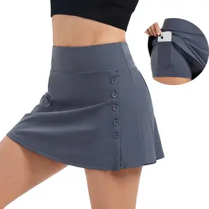 Women's Solid Color High-Waisted Button-Front Pocketed Athletic Skort, All-Seasons Activewear for Yoga, Running, Gym (High Waisted Skorts, Yoga Skirt)