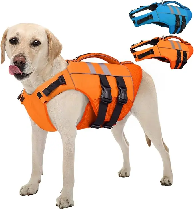 Kuoser Dog Life Jacket Large, High Flotation Puppy Safety Vest for Swimming Boating, Reflective Water Vest Pet Life Preserver with Rescue Handle
