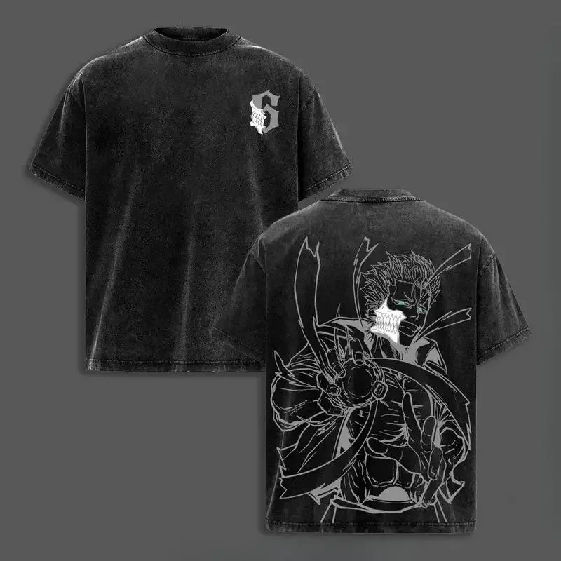 Retro Washed Black Bleach Tshirt Oversized Short Sleeve Streetwear Tee with Ichigo Kurosaki and Grimmjow Jaegerjaquez Graphic Prints for Men and Women Anime Fans