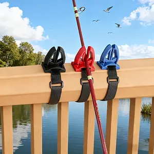 Two-piece (one bracket and one strap) fishing rod bracket, equipped with adjustable strap, made of ABS material, designed to be portable, very suitable for rapid installation on bridges and ships.