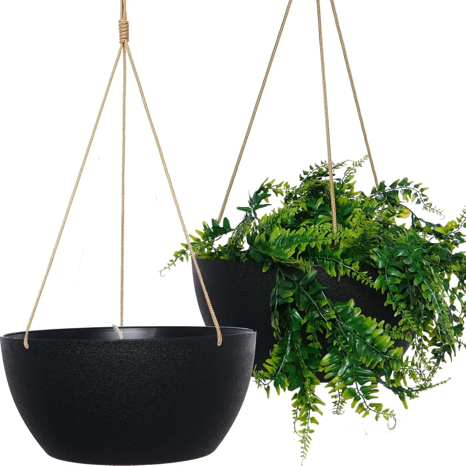 13in Lightweight Odor-Free Plastic Hanging Planters with Nylon Rope (2-Pack) - Large Hanging Baskets for Ferns, Pothos, Indoor & Outdoor Use, Black, Manufacturer Warranty, Holds Up to 20 lbs