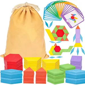 Shapes Wooden Pattern Blocks for Kids,Learning Toys,Geometric with Activity Cards and Storage Bag, Educational Tangram Puzzles, 209 PCS