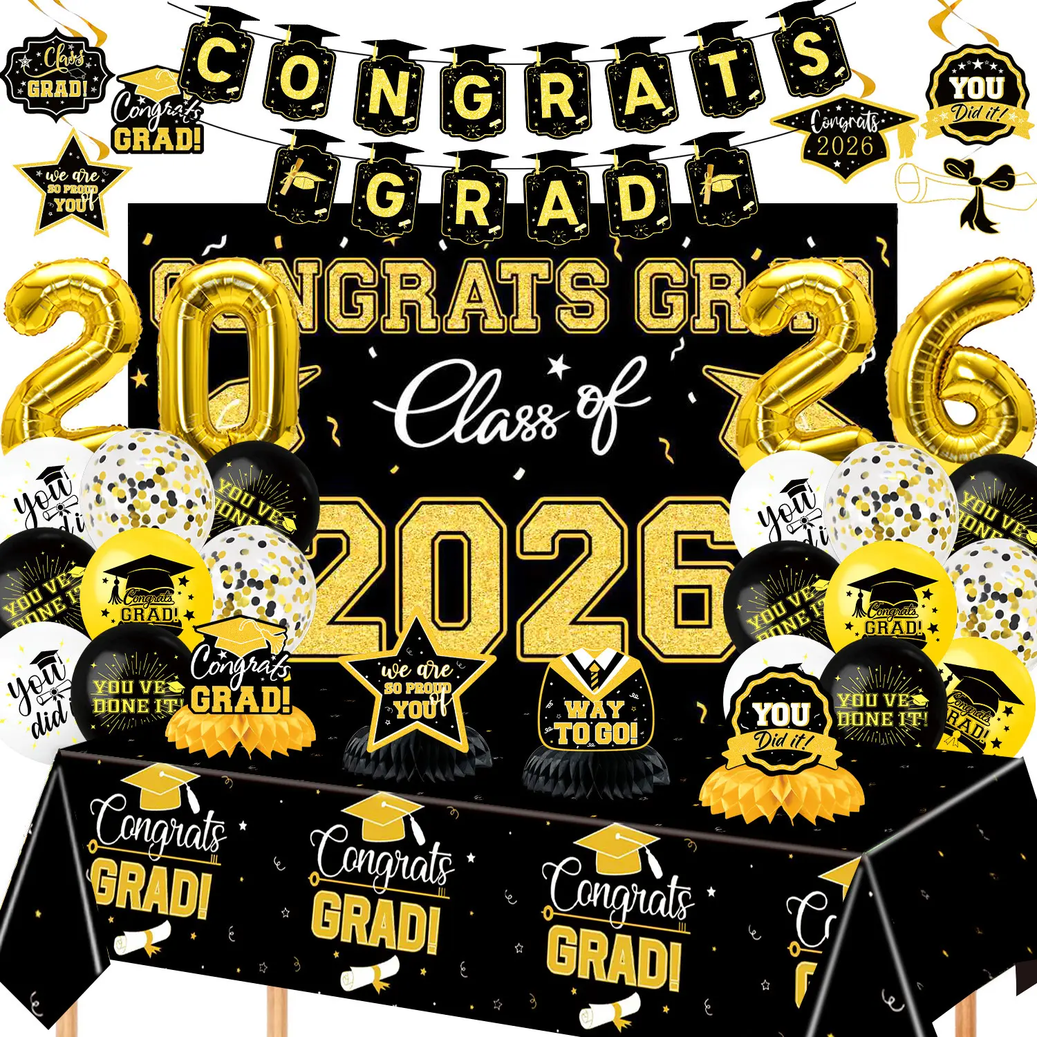 Class of 2026 Black Graduation Decorations Goodies Set - Adult 2026 Graduates Complete Set Shown in the Picture (7 Pieces) with Elegant Bold Letter Print Backdrop, Balloons, Congrats Grad Banner, Graduation Gifts for Home, High School Celebrations