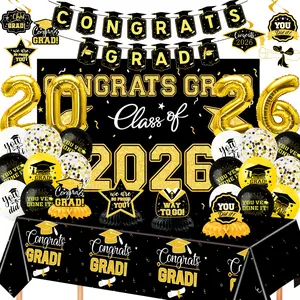 Class of 2026 Black Graduation Decorations Set – Complete Party Supplies with Elegant Backdrop, Balloons & Congrats Grad Banner for Home, Classroom, High School & College
