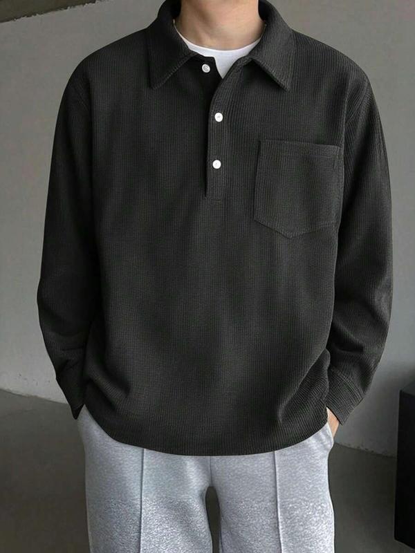 Black Corduroy Turndown Collar Long Sleeve Polo Shirt For Men, Loose Fit Casual Pullover Top, Spring/Autumn