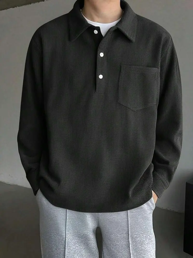 Black Corduroy Turndown Collar Long Sleeve Polo Shirt For Men, Loose Fit Casual Pullover Top, Spring/Autumn