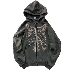 Vintage Mens Grunge Zip Hoodie - Large Size - Retro Skeleton Design - Casual Style - Comfortable & Unique Menswear Distressed