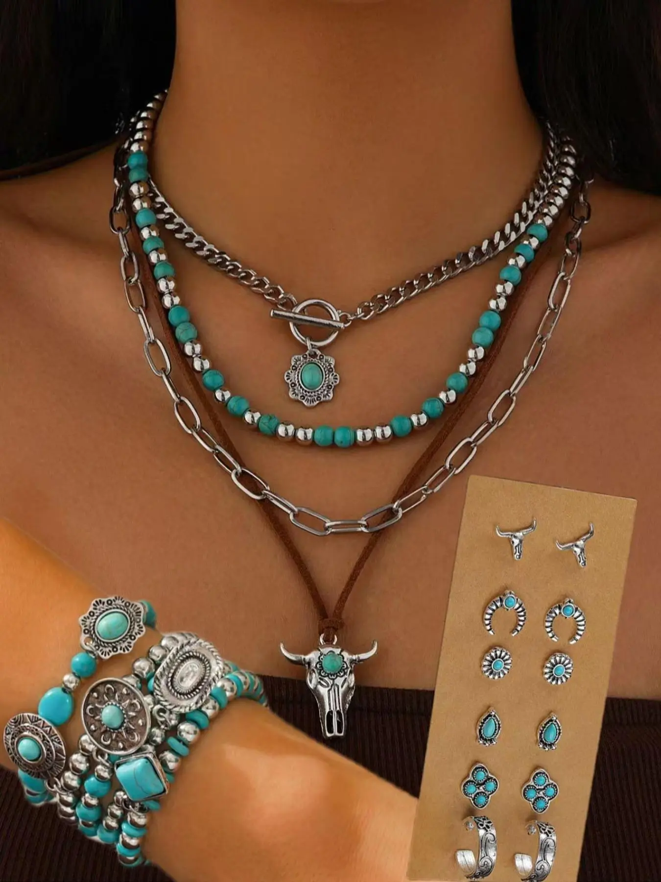 Boho Vintage Turquoise Beads Texture Decor Layered Jewelry Set, Including Necklace & Bracelets & Earrings, Bohemian Style Fashion Jewelry for Parties and Daily Wear