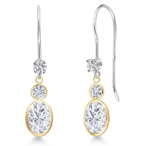 14K Two Tone Gold White Moissanite and Lab Grown Diamond Dangle Earrings for Women | 2.14 Cttw | Gemstone Birthstone | Oval 7X5MM