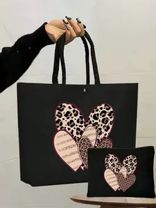 Linen Handbag with Zipper Pouch, Leopard Heart Cartoon Stripe Pattern, Ideal for Autumn Winter, Large Capacity Shoulder Bag