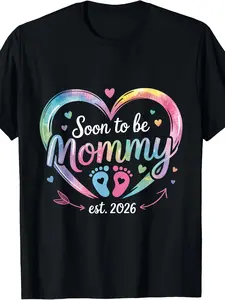 Promoted to Mommy 2026 Graphic T-Shirt - "Soon to Be Mommy" Design with Colorful Heart & Footprint Casual Crew Neck