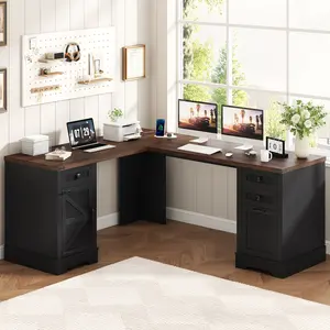 Farmhouse L-Shaped Desk with Drawers & Charging Station, Rustic Corner Computer Desk with Storage Cabinet for Home Office, Study & Gaming