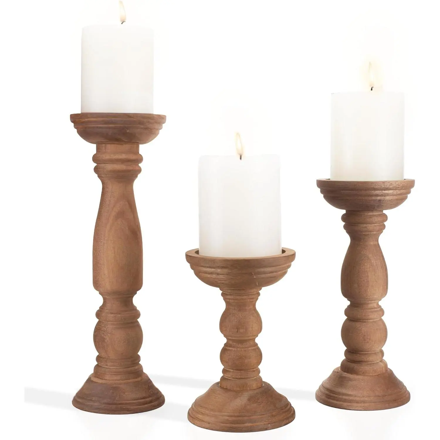 Farmhouse Wooden Candle Holders for Pillar Candles Set of 3, Rustic  Candle Holder Table Centerpiece Decor, 12'' 9'' 6''  Tall Candle Stand Decorative, Brown