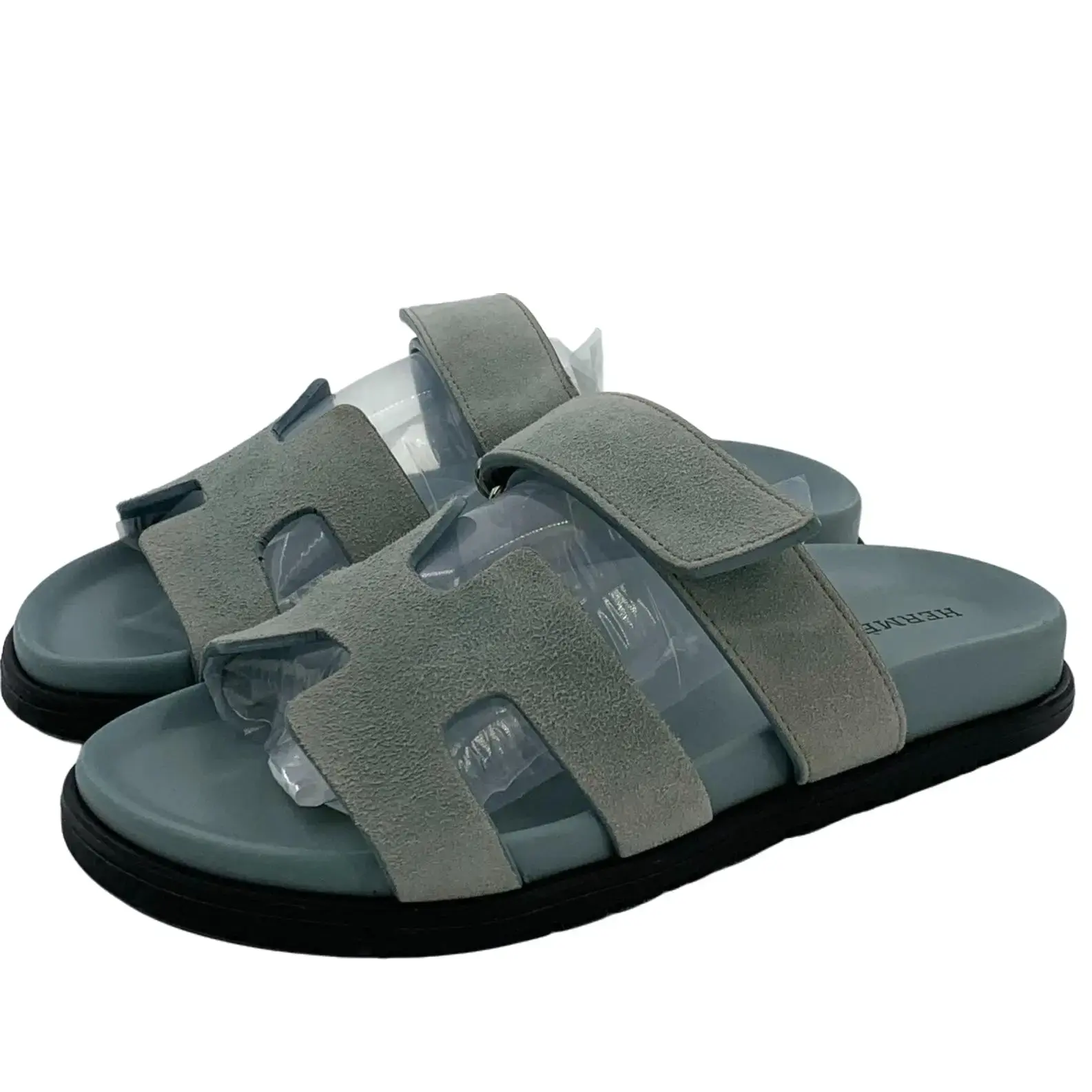 RDLT-Hermes Size 37 Blue Gray Suede Flat Chypre Sandals-X34572