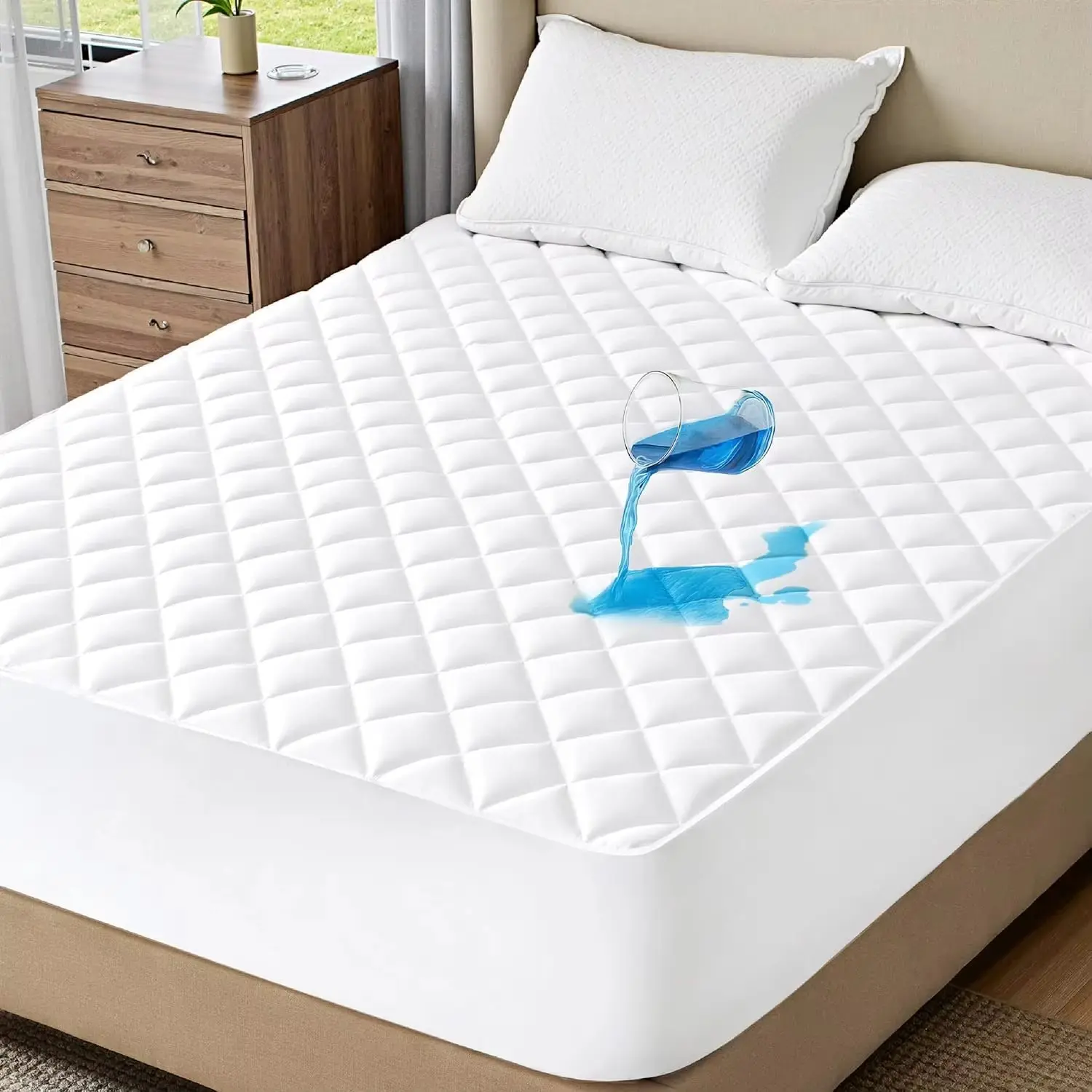 Mattress Protector, 100% Waterproof Quilted Mattress Protector Soft Breathable Hypoallergenic Cover Deep Fit Extra Comfort Protection Noiseless Washable in Standard USA Size