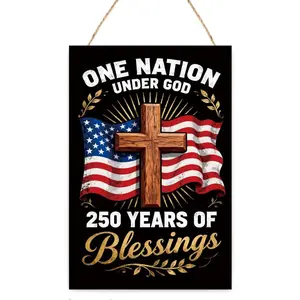 Patriotic One Nation Under God Cross Hanging Wooden Signs,4th of July Independence Day Door Hanger Plaque Sign for Home Porch Wall Decor
