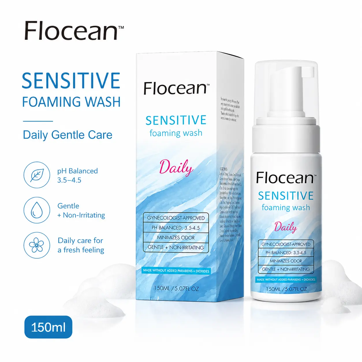 Flocean Probiotic pH-Balancing Mousse - Gentle Intimate Wash for Daily Odor Control and Soothing Care, Feminine Cleanser for Sensitive Skin, Cleansing, Intimate Wash Liquid, Feminine Wash