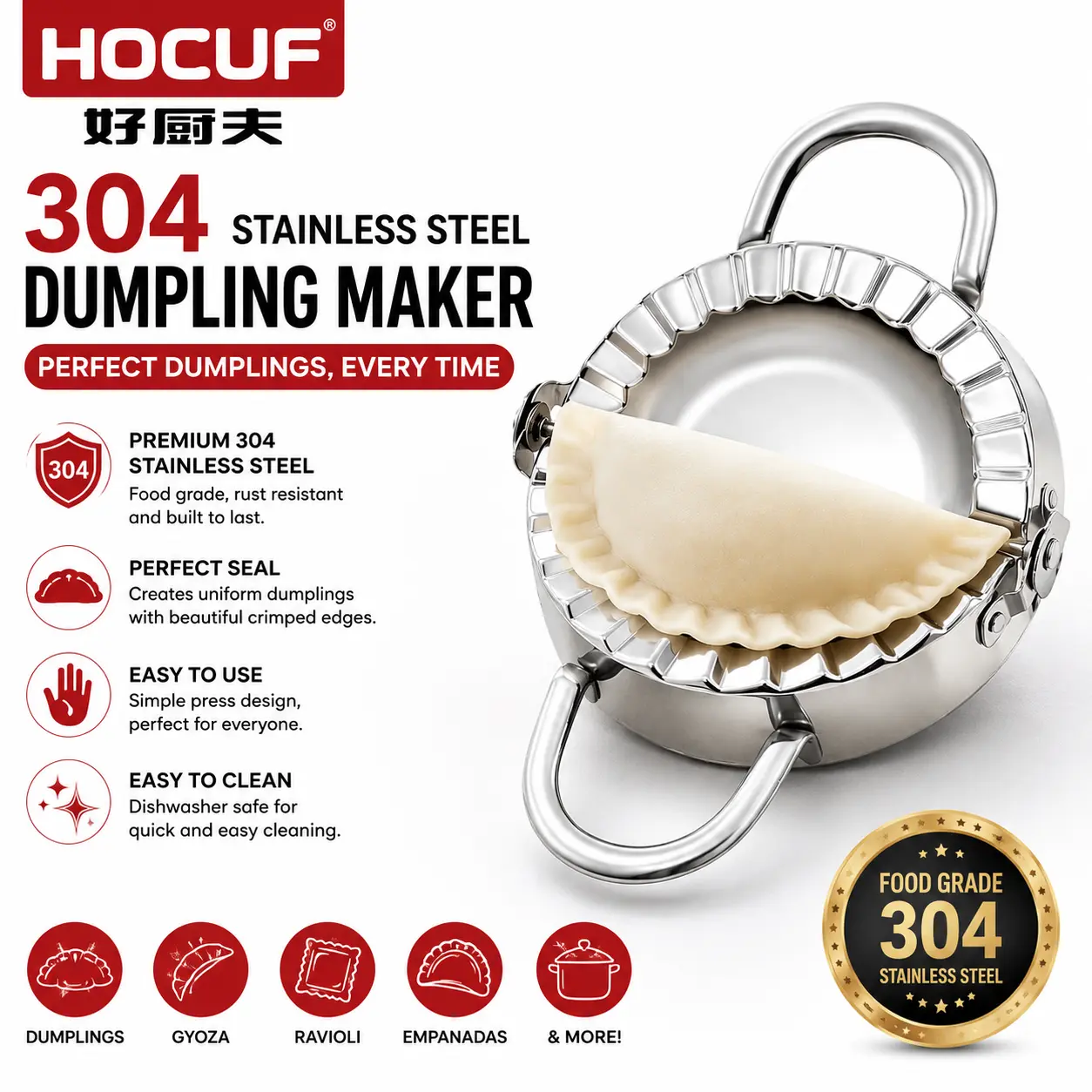 HOCUF 304 Stainless Steel Dumpling Maker - Premium Food Grade, Perfect Seal, Easy to Use & Clean, Ideal for Dumplings, Gyoza, Ravioli, Empanadas & More