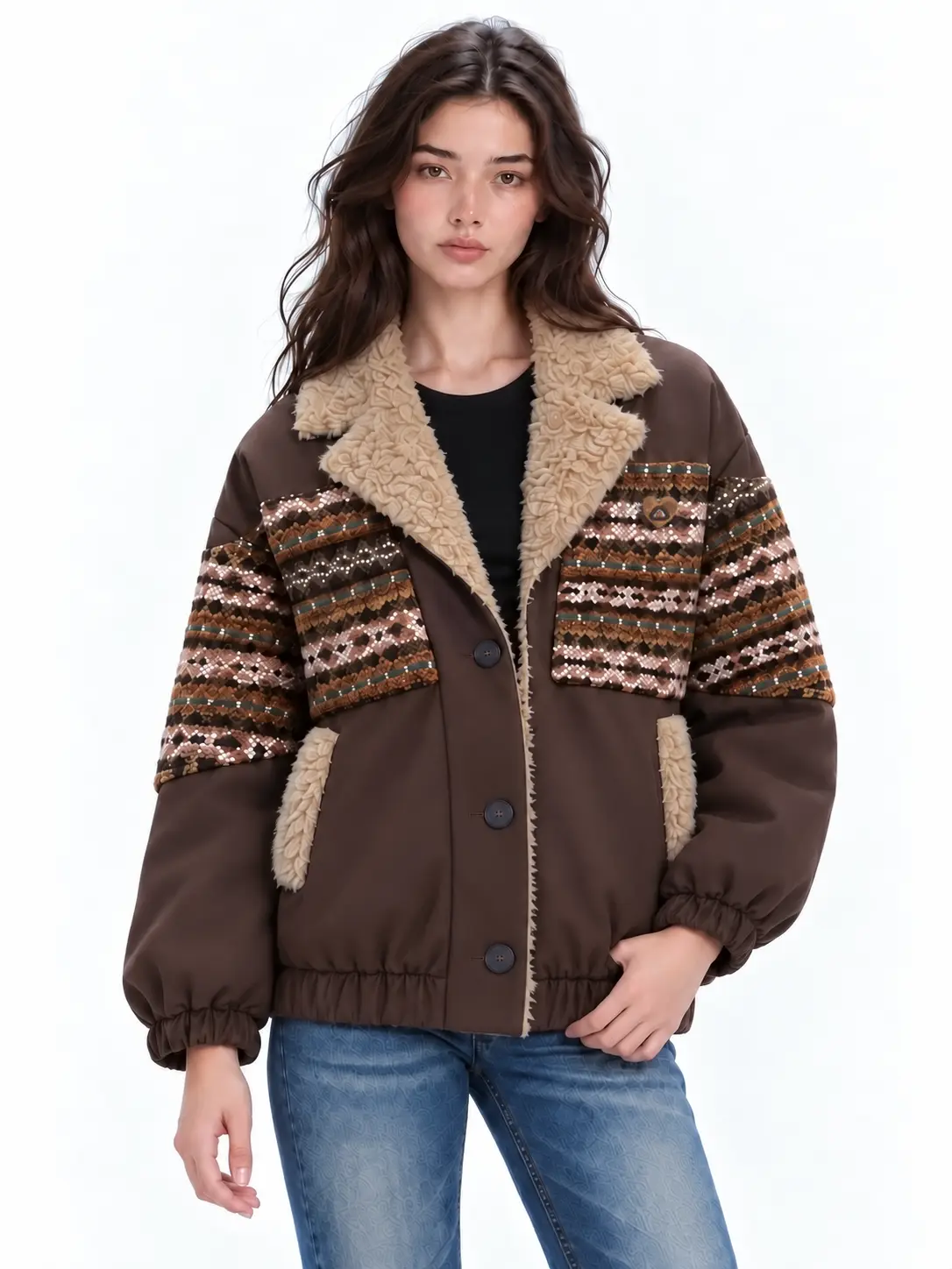 Aelfric Eden Vintage Distressed Patchwork Sherpa Collar Padded Jacket Relaxed Fit Thickened Casual Streetwear Outerwear