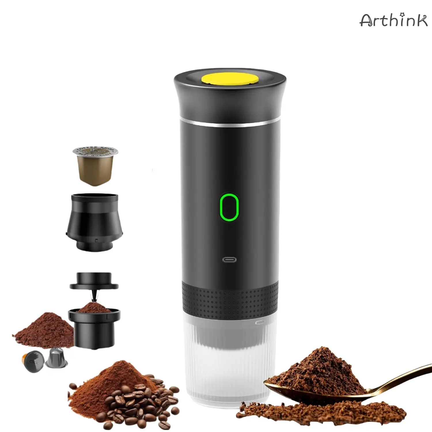 Arthink 3-in-1 Electric Portable Espresso Maker, Self-Heating Coffee Equipment with USB-C, 18650/2500mAh Fast Heating, Efficient Brewing, Compact Design for RV Camping Office, Tableware Sets Value Pack, Holiday Gift