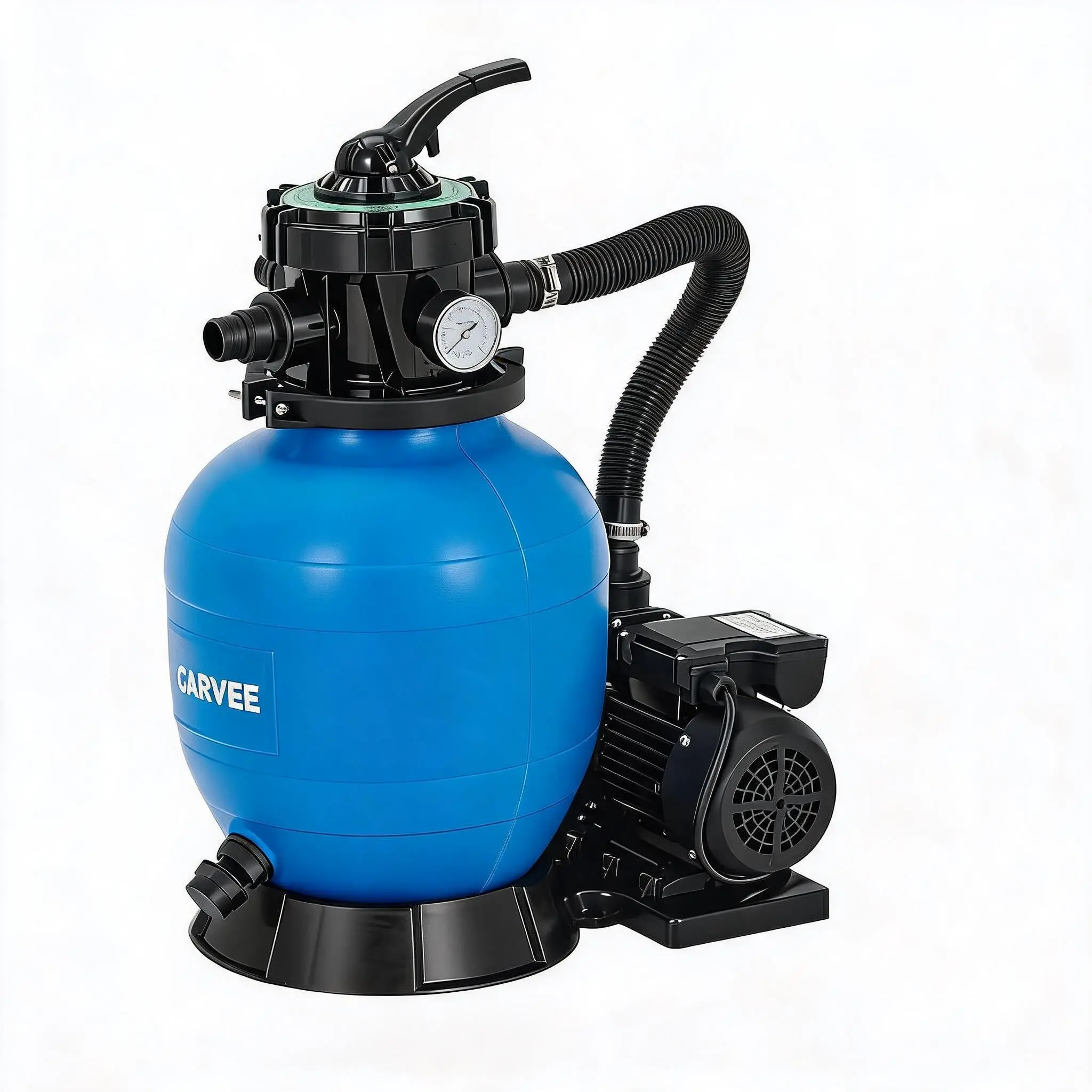 Garvee Above Ground Pool Sand Filter Pumps with 1/3 to 1.5 HP, Flow Rates 2642-6075 GPH, Featuring 7-Way Multi-Port Valves, Timers, Strainer Baskets, UV-Resistant Tanks from 13" to 19" for Pools up to 20,000 Gallons