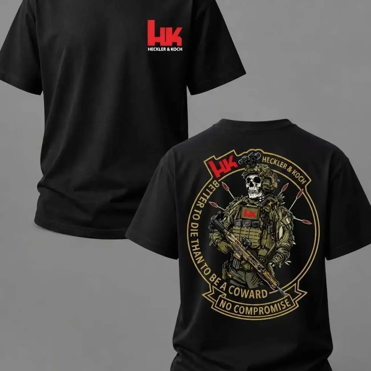 HK Heckler & Koch Tactical Skull Operator T-Shirt Military Special Forces Graphic Tee No Compromise Warrior Apparel Elite Tactical Streetwear Gift for Tactical Enthusiasts, Gift for Dad WXH