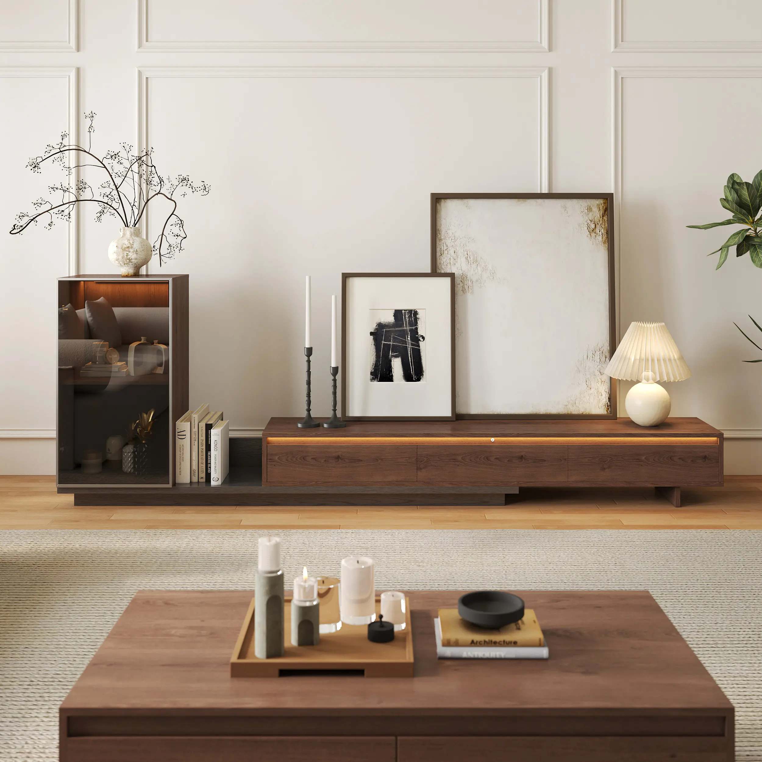 Homary Fero 98"-155" Walnut & Gray Extendable TV Stand with Bookcase & LED Light