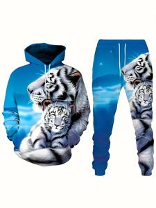 Men's casual tiger print men's two-piece casual hooded sweatshirt long sleeved sweatshirt sports pants set suitable for autumn and winter men's wear