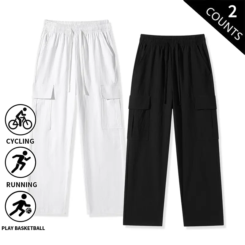 2-Pack Men’s Cotton Casual Cargo Pants – Loose Straight Leg, Elastic Waist with Drawstring, Multiple Pockets, Lightweight for Everyday Wear, Work & Streetwear