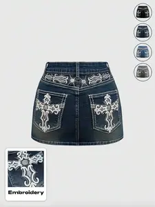 Women's Y2K Vintage Stretchy Mini Denim Skirt with Pocket, Cross Embroidery, Comfortable and Stylish Street Fashion Wear