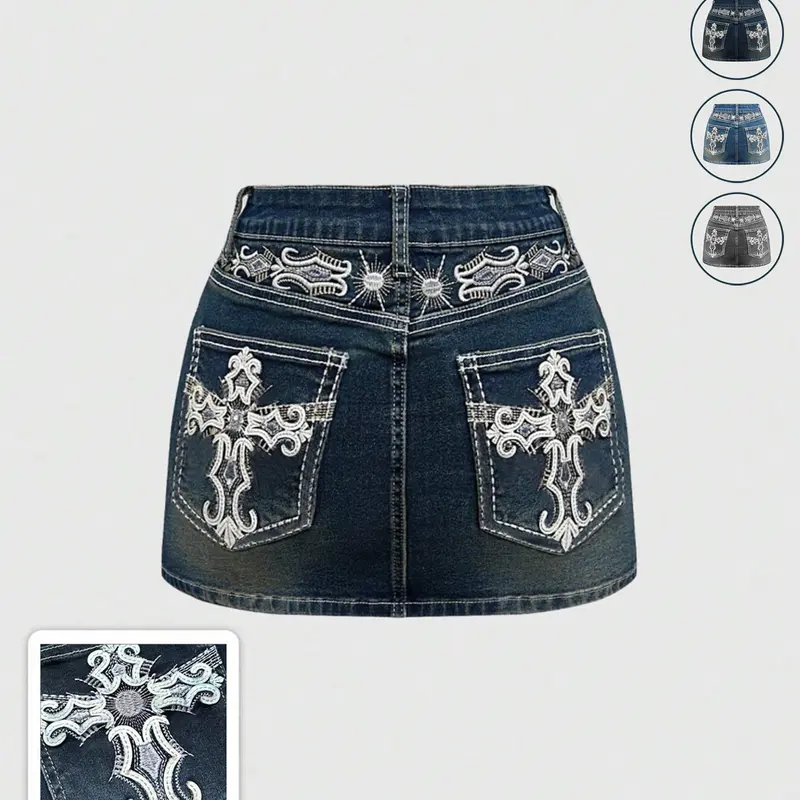 Women's Y2K Vintage Mini Denim Skirt with Pocket, Cross & Wing Embroidery, Comfortable and Stylish Wear, Fit, Chic Stretchy Denim Skirt