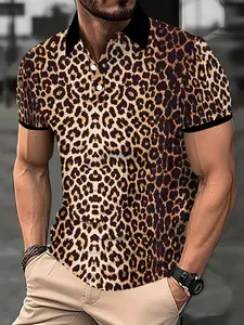Men's Leopard Print Short Sleeve Polo Shirt, Summer Casual Graphic Flip Collar T-Shirt, Fashion Trendy Slim-Fitting Top, Casual Wear