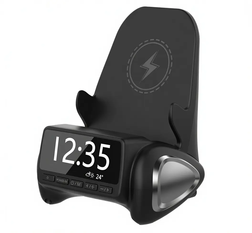 3 in 1 Wireless Charging Station with Alarm Clock, Phone Stand & Bluetooth Speaker for Desk, Fast Charger Dock for iPhone Android