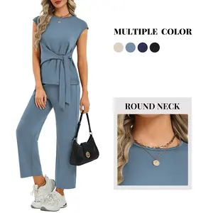Casly Lamiit Women's 2 Piece Set - Soft Fabric Round Neck Cap Sleeve Top with Belted Tie & Crop Wide Leg Pants - Versatile Travel & Everyday Wear #Springfresh