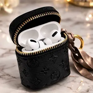 Luxury Mini Pouch Keychain Elegant Bag Charm & Earbud Holder with Gold Zipper and Brown Ribbon