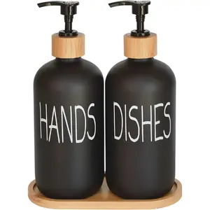 [New Deal]  Glass Soap Dispenser Set. Hand Soap and Dish Soap Dispenser with Bamboo Tray. Vintage Soap Dispenser with Pump for Kitchen Sink and Bathroom. Stylish Permanent Label (Matte Black)
