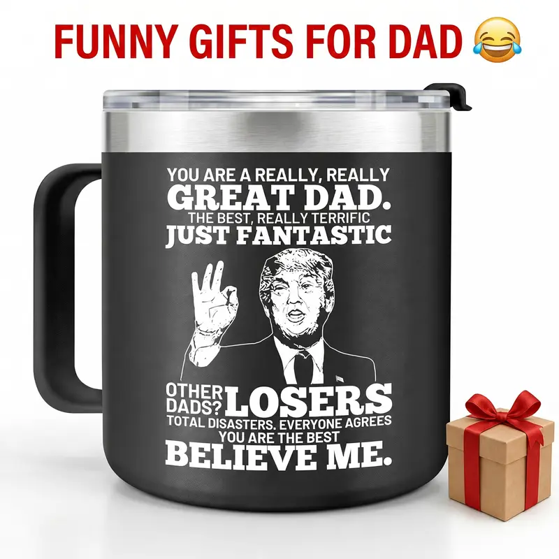 14 Oz Double Insulated Stainless Steel Travel Coffee Mug - Traditional Geometric Trump Design with Handle & Lid, 0 – 500 Ml Dad Joke Novelty Tumbler, Durable Black Kitchenware Gag Gift for Dad from Daughter/Son, Stainless Steel Cups