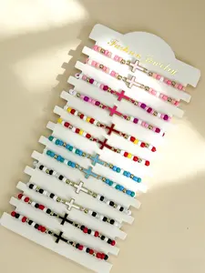 12pcs Mixed Color Cross Bracelet for Women Adjustable Beaded Bracelet Alloy Enamel Religious Bracelet Fashion Faith Jewelry for Party Daily Wear Gifting Trendy Stack Bangle Handmade Bracelet Accessories