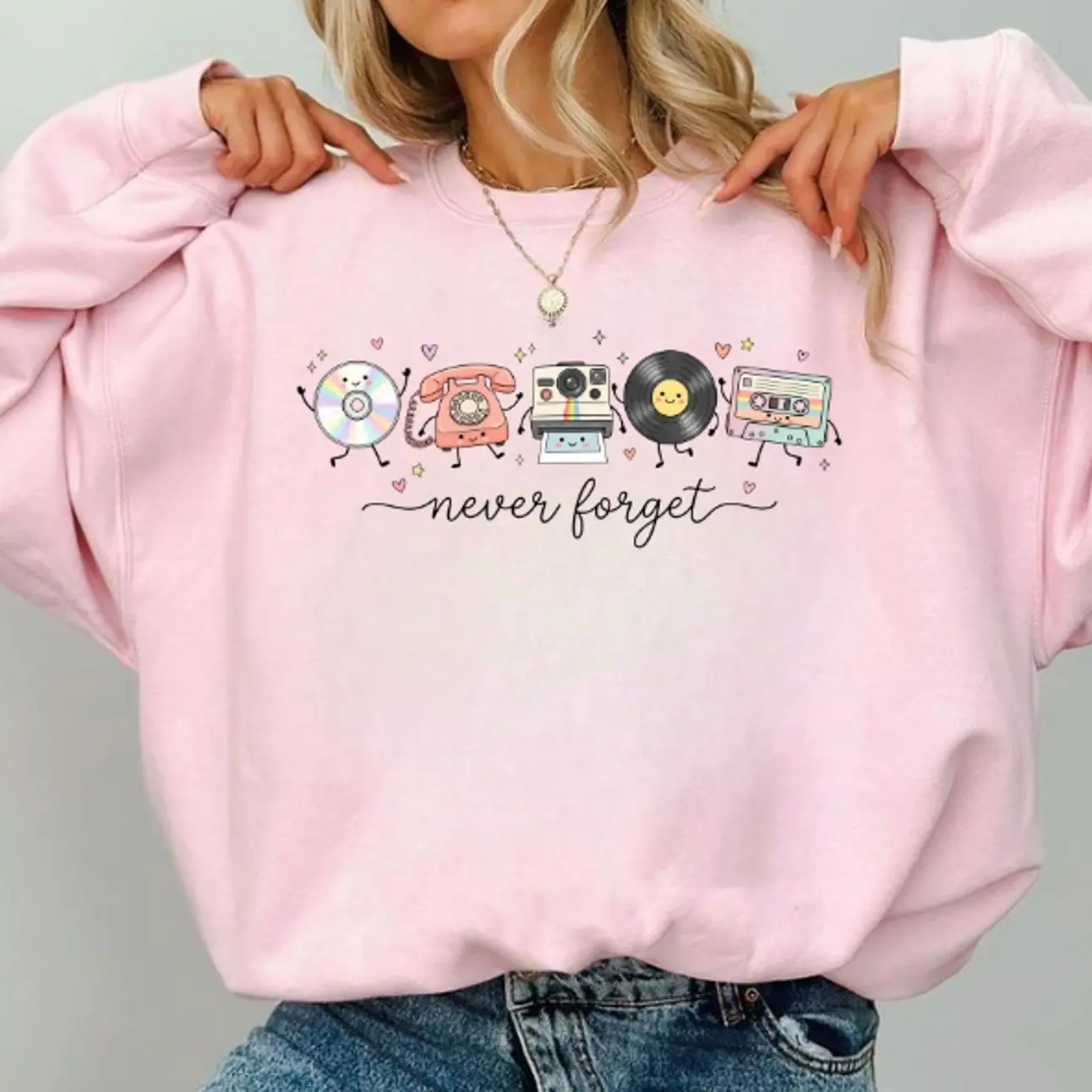 Never Forget Retro Media Sweatshirt, 90s Cassette and Vintage Technology Graphic Crewneck