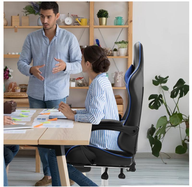 Gaming Chair with Footrest, Ergonomic Office Computer Desk Chair w/Spring Cushion, Lumbar Support & Headrest, Black/Blue