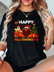 100% Cotton Unisex Happy Hallothanksmas Halloween Thanksmas Holiday Season T-Shirt，Autumn women's short-sleeved, Thanksgiving and Halloween maple leaf pattern T-shirt