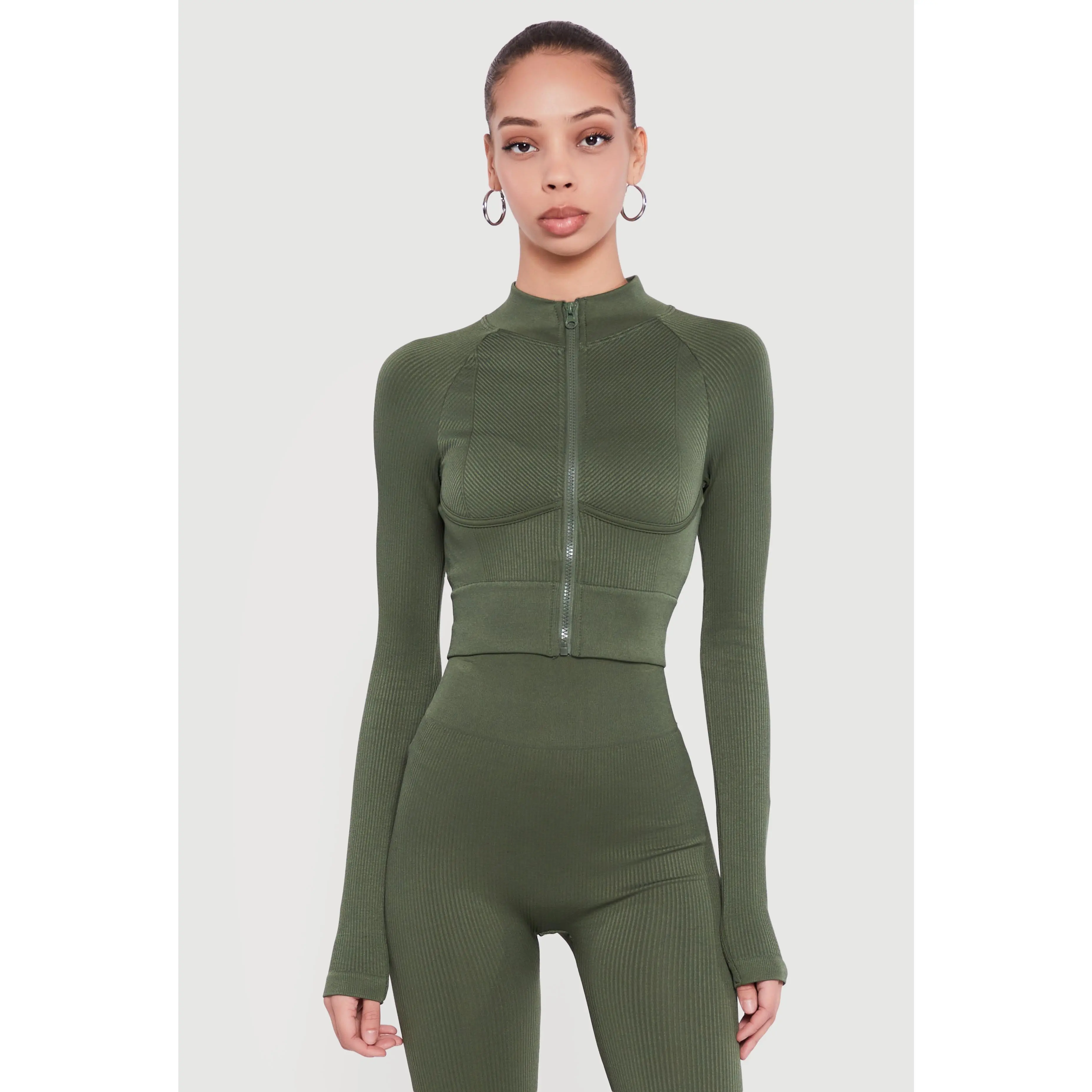 Ribbed Cropped Zip Front Active Jacket