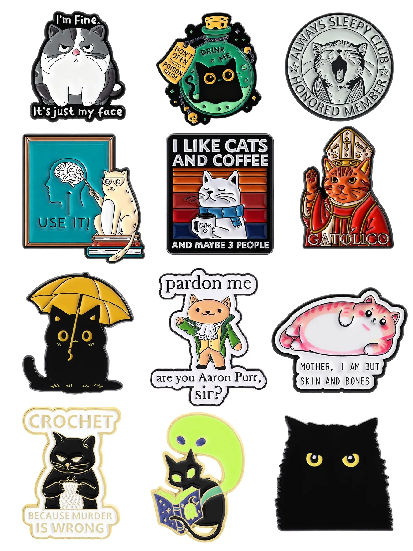 12-Piece Cute Cat Enamel Pin Set, Whimsical Cat Designs Collectible Pins for Cat Lovers and Collectors, Adorable Animal-Themed Accessories, Decorative Badges