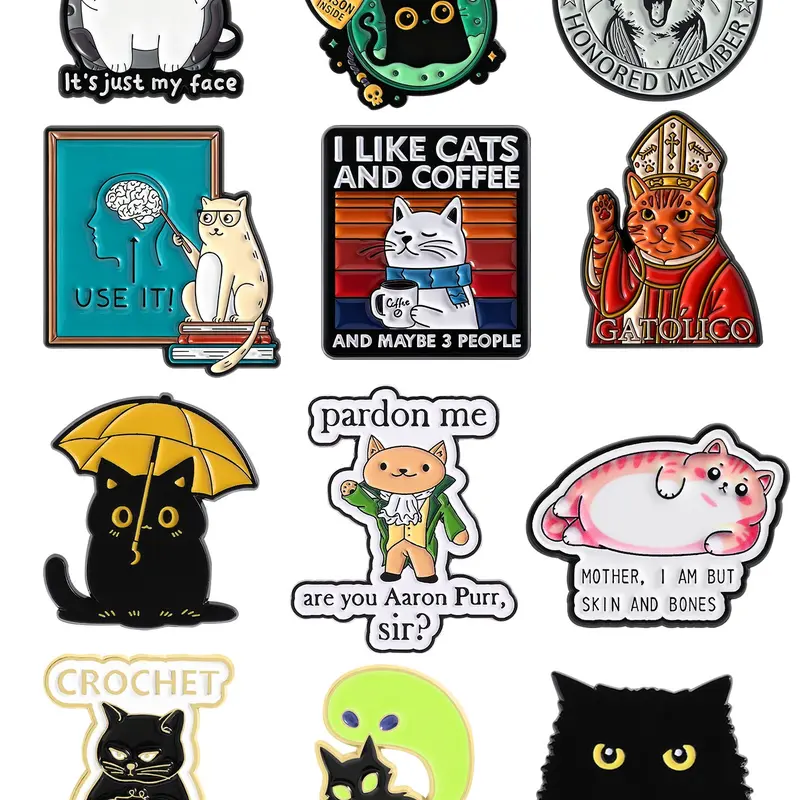 12-Piece Cute Cat Enamel Pin Set, Whimsical Cat Designs for Cat Lovers and Collectors, Adorable Animal-Themed Accessories, Decorative Badges, Badge Decoration