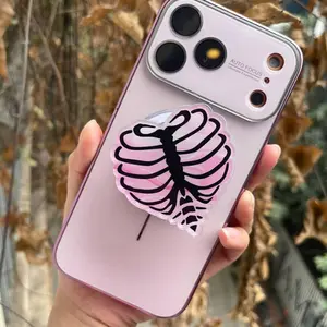 Pink Skeleton Ribcage Heart MagSafe Phone Grip, Gothic Coquette Magnetic Phone Holder, Cute Spooky Aesthetic Grip, Goth Gift For Her sticky Baby mount Library Card Flower-Shaped Multi-Functional Stand Universal Car Bat accessories